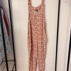 Lily Rose Floral Jumpsuit L Coral Pink Daisy Wide Leg Sleeveless Pockets